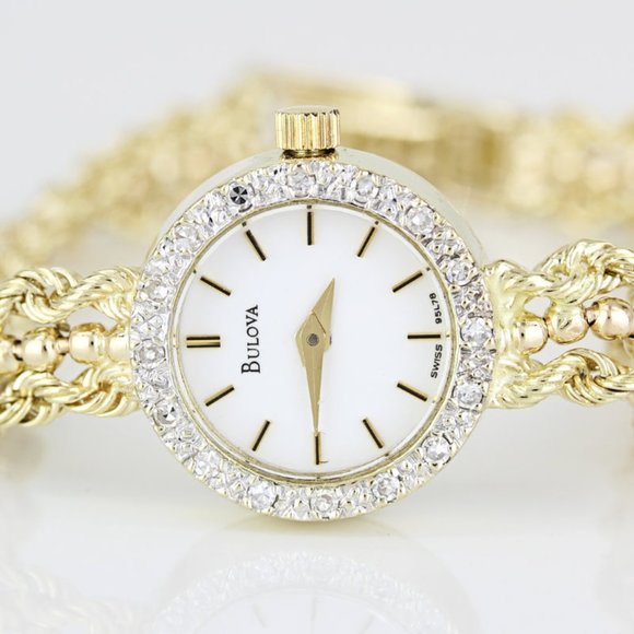 Vintage 14K Yellow Gold & Diamond Bulova Ladies Rope & Bead Bracelet Watch - Picture 2 of 9